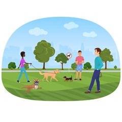 Obraz na płótnie Canvas Vector illustration of the people walking with dogs in the park. People dog lovers, dogshops.