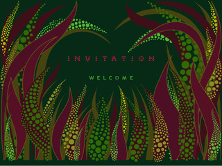 Horizontal invitation card with point style lettering on dark green background with plant graphic ornament - vector illustration
