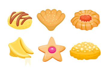 Different cookie homemade breakfast bake cakes isolated and tasty snack biscuit pastry delicious sweet dessert bakery eating vector illustration.