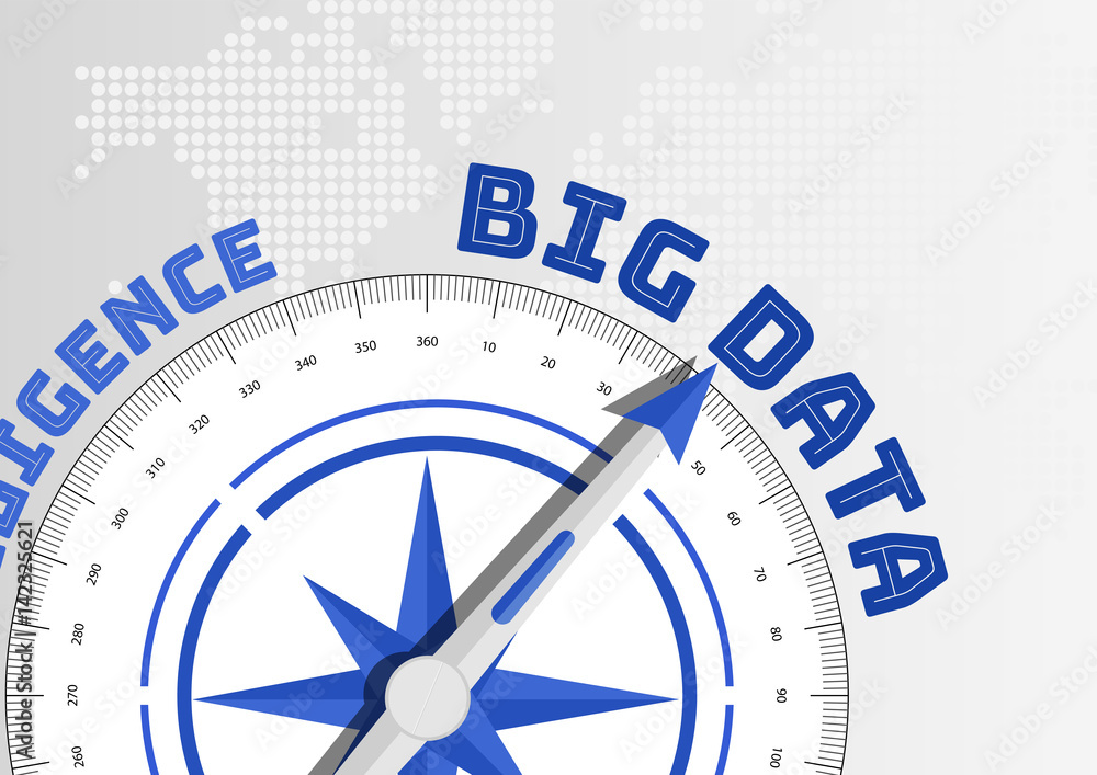Poster big data concept with compass pointing towards text