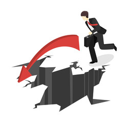 Isometric businessman running into the abyss. Man is facing difficulties.