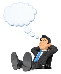 3D Businessman sleeping with  feet up and thinking bubble