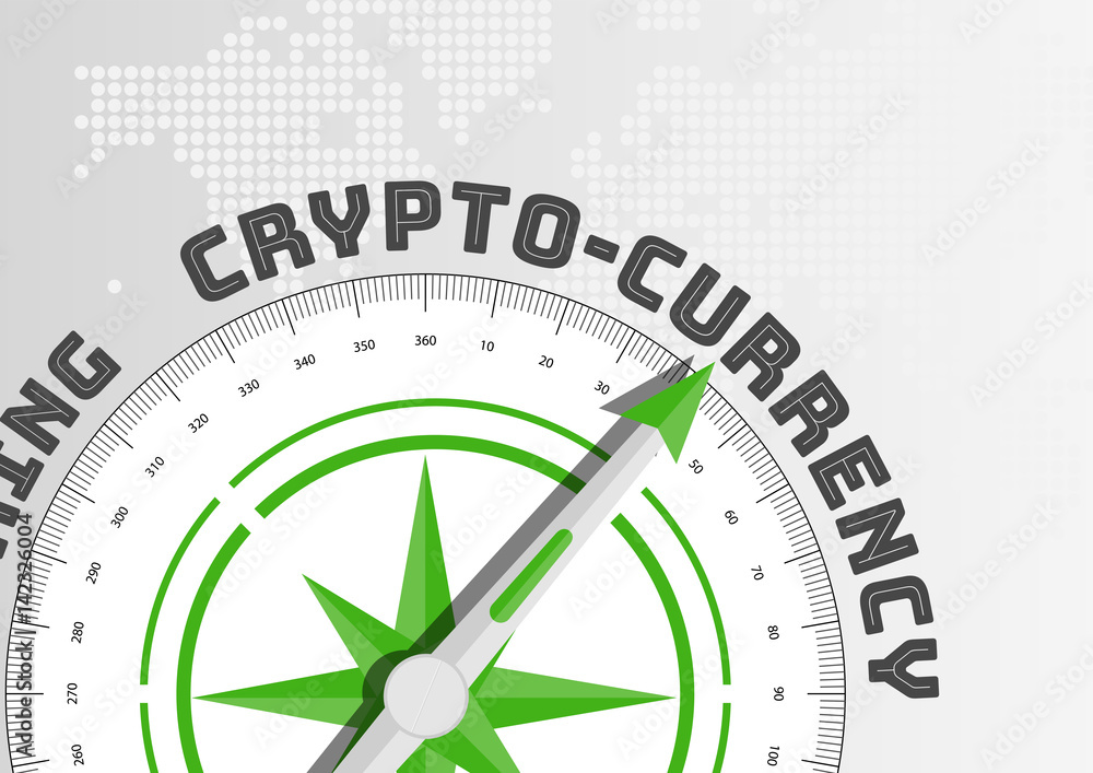 Poster crypto-currency concept with compass pointing towards text