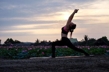 Young healthy woman practicing yoga on the lotus lake at the sunrise