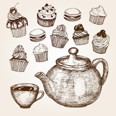 Hand drawn cupcakes with teapot and cup of tea in vintage style