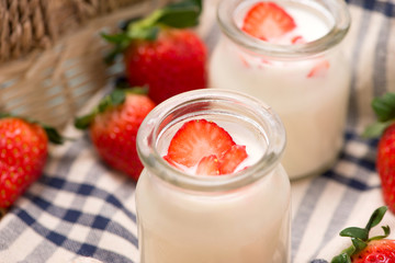 Strawberry Yoghurt. Healthy food with Strawberries and yoghurt breakfast on table.