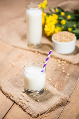 Soy milk or soya milk and soy beans on wooden table.