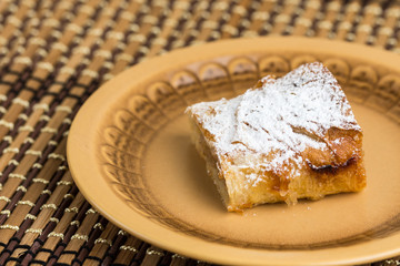 Apple pie sliced on the plate with powdered sugar