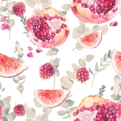 Papier peint Fruits aquarelle Motif harmonieux de fruits exotiques à l& 39 aquarelle avec des branches d& 39 eucalyptus. Texture florale peinte à la main avec des objets végétaux et alimentaires sur fond blanc. Papier peint naturel : grenade, figue, framboise