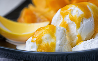 white ice cream with a sauce of ripe mango fruit