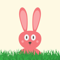 Head of a funny pink rabbit with big eyes. Green grass. Easter card.
