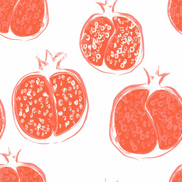 Seamless pattern with abstract pomegranate painted with watercolor grunge brushes. Sketch vector illustration 