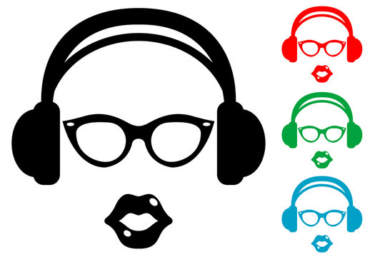 Icono plano auriculares con gafas y labios varios colores