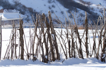 wood fence in the snow in the winter