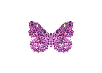 Butterfly of purple glitter on white background, icon for your design