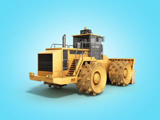 Yellow Bulldozer 3d render Isolated on blue