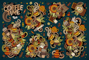 Vector doodle cartoon set of tea and coffe