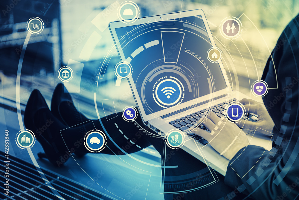 Poster laptop pc and internet of things, abstract image visual