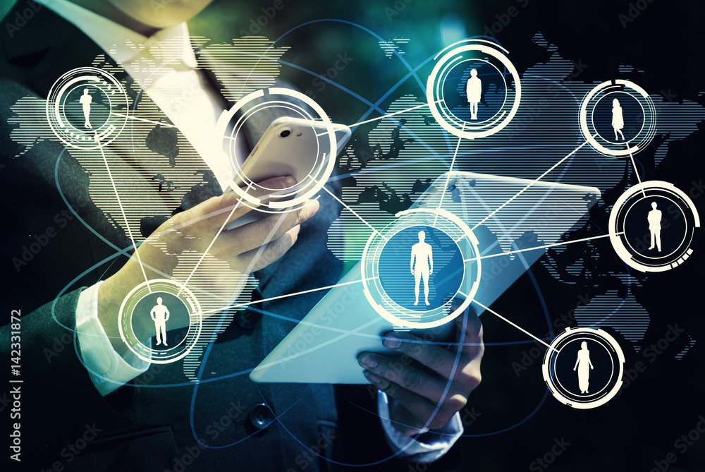 Poster mobile devices and Social Networking Service concept, abstract image visual