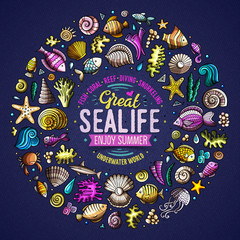 Set of Sealife cartoon doodle objects, symbols and items