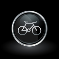 Cycling symbol with bicycle icon inside round chrome silver and black button emblem on black background. Vector illustration.