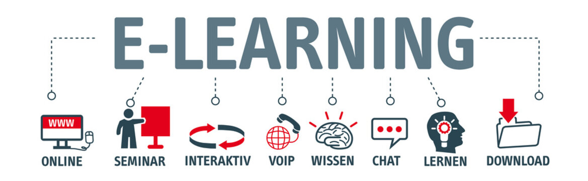 Banner e-learning concept. Piktogramme mit Schlüsselwörtern