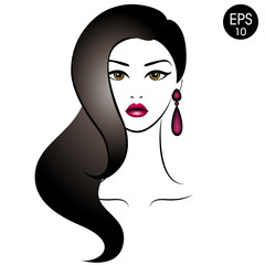 Vector Stock Woman with black hair. Beauty Girl Portrait with classic Hairstyle and Earrings