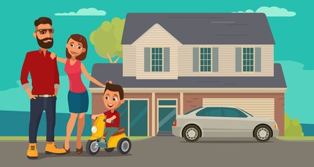 Family. Parents, grandparents and child on a tricycle on background with house and car.