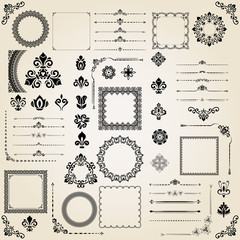 Vintage set of vector horizontal, square and round elements. Different elements for decoration design, frames, cards, menus, backgrounds and monograms. Classic patterns. Set of vintage patterns