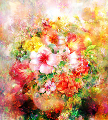 Obrazy  Malarstwo akwarela streszczenie kolorowe kwiaty. Wiosna wielokolorowa w naturze.