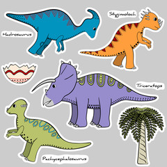 Set of stickers stylized dinosaurs, shell and tree