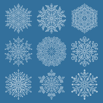 Set of vector white snowflakes. Fine winter ornament. Snowflakes collection. Snowflakes for backgrounds and designs