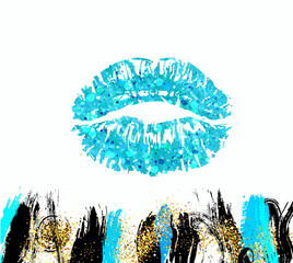 Grunge dirty brushes of mascara for eyes. Vector Kiss imprint with shimmer glitters and lights.
