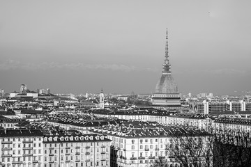 City of Turin Torino skyline panorama seen from the hill - high dynamic range HDR - black and white