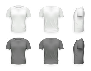 Black and White T-shirt Front Side Back View Template Realistic 3d Design Icon Transparent Background Isolated Vector illustration