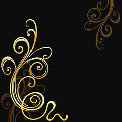 Black vector backgrounds with golden swirls and copy space.