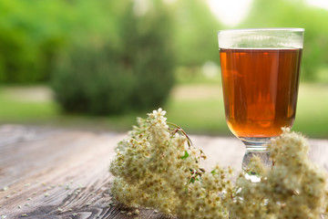 Glass of tea on table with herbs