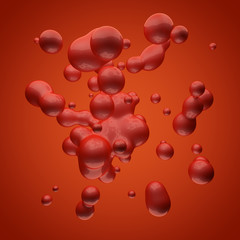 Abstract red paint drops 3D render background.