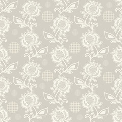 Seamless beige and white floral vector background.