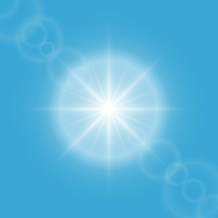 Sun flare on blue sky vector background.