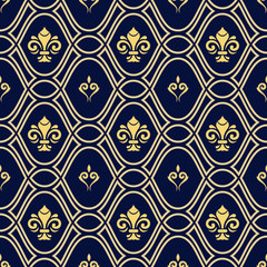 Seamless vector navy blue and goldenn pattern. Modern geometric ornament with royal lilies. Classic vintage background