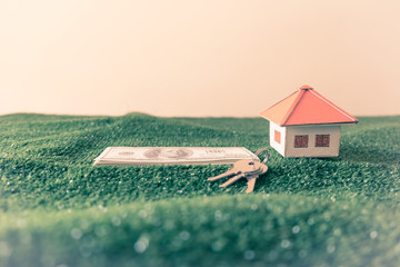 Model house and money with key on green artificial grass