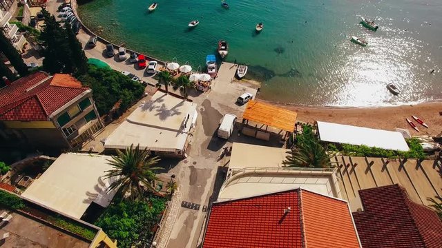 Villa near the sea in the village of Rafailovici, Montenegro. Aerial photography.