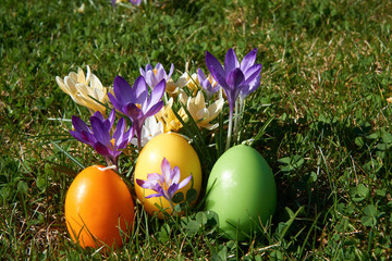 Easter candle in egg form between spring flowers