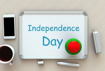 Independence Day, message on whiteboard, smart phone and coffee on table, 3D rendering