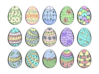 Set of colorful easter eggs with flowers, butterflies, fishes, swirls, leaves, stars, abstract forms. Pastel shades. Vector illustration. 