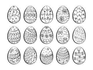 Set of black and white easter eggs with flowers, butterflies, fishes, swirls, leaves, stars, abstract forms. Coloring for children, anti stress therapy adult. Vector illustration.