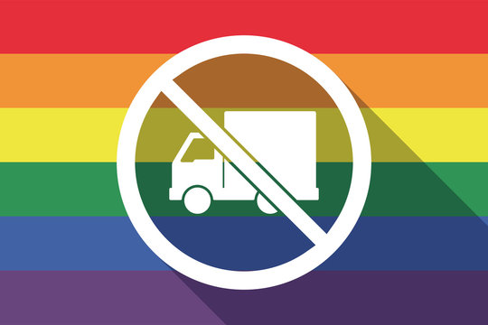 Long shadow gay pride flag with  a delivery truck  in a not allowed signal