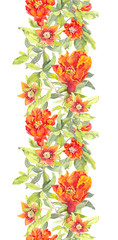 Naklejka premium Pomegranate red flowers. Repeating floral frame. Watercolor