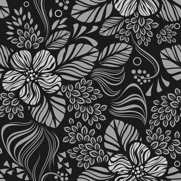 Black and white seamless floral wallpaper pattern